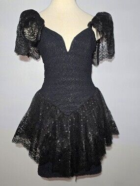 Vintage 1990's Black Lace Mini Cocktail Dress Size 9/10